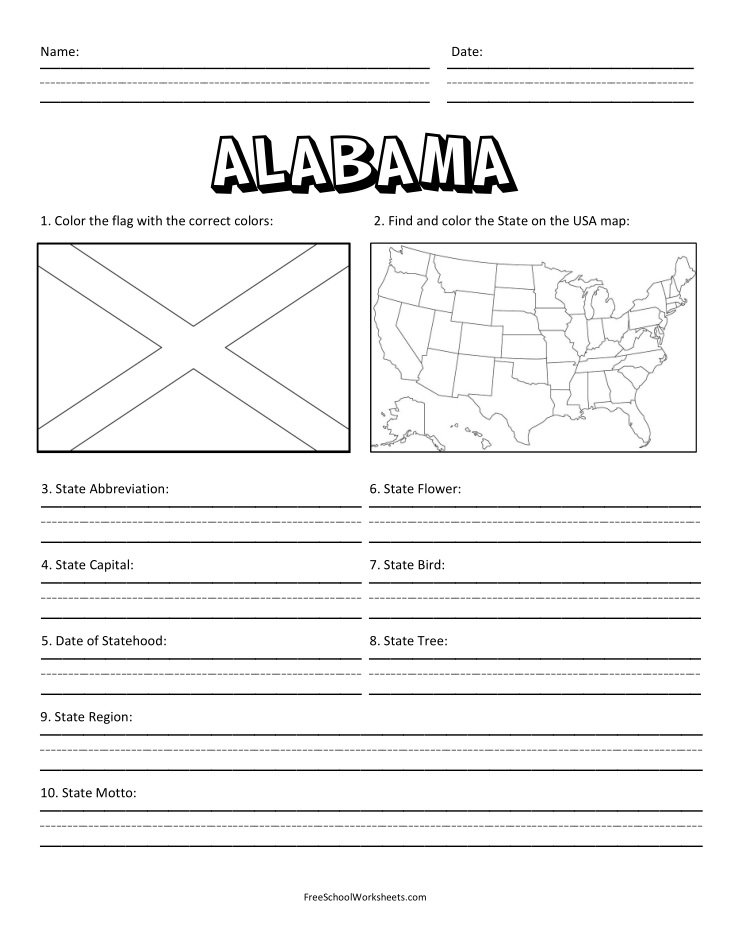 Free Printable State of Alabama Worksheet