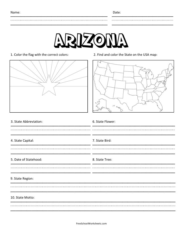 Free Printable State of Arizona Worksheet