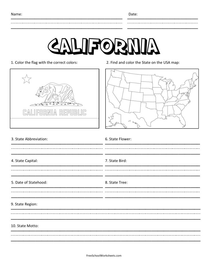 Free Printable State of California Worksheet