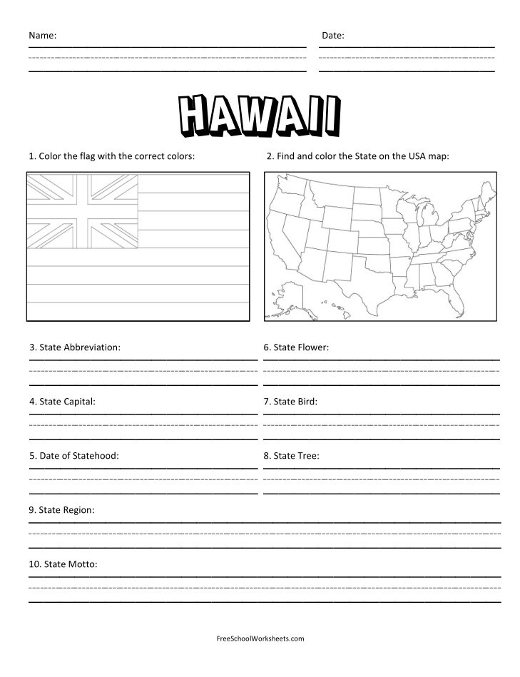 Free Printable State of Hawaii Worksheet