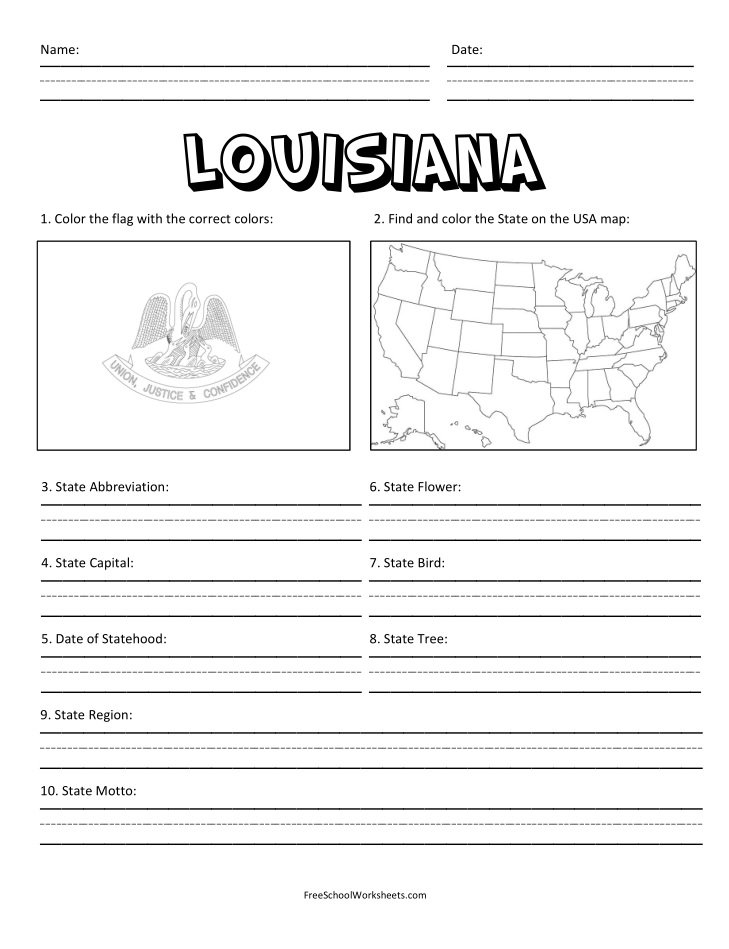 Free Printable State of Louisiana Worksheet