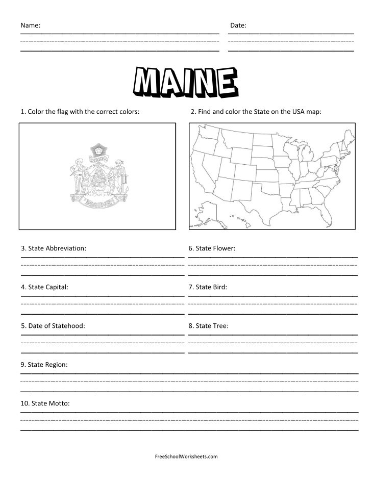 Free Printable State of Maine Worksheet