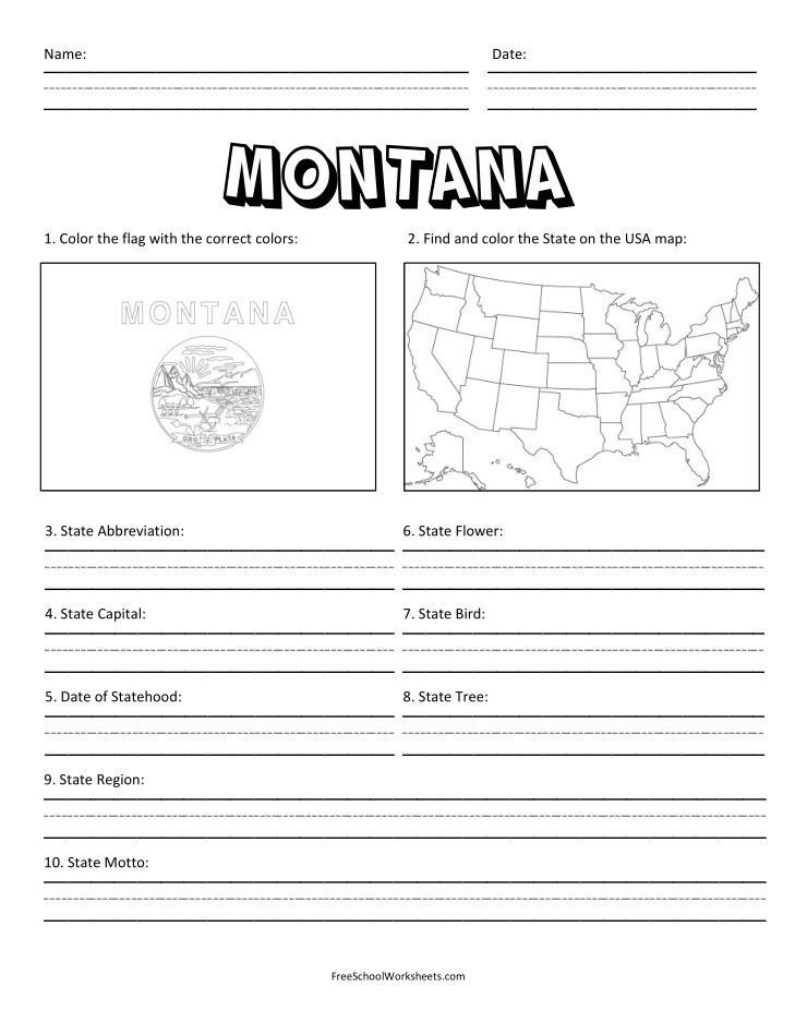 Free Printable State of Montana Worksheet