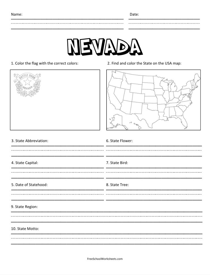 Free Printable State of Nevada Worksheet