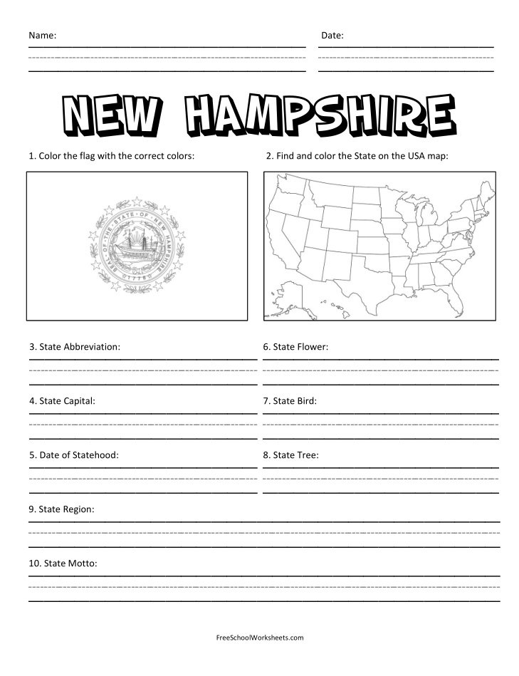 Free Printable State of New Hampshire Worksheet