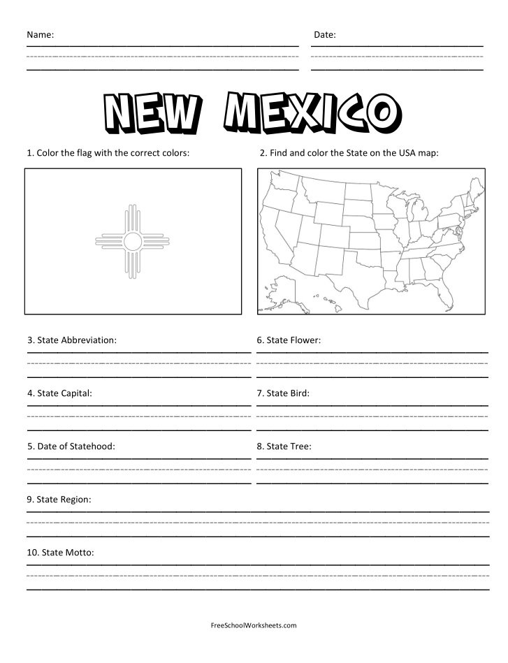 Free Printable State of New Mexico Worksheet