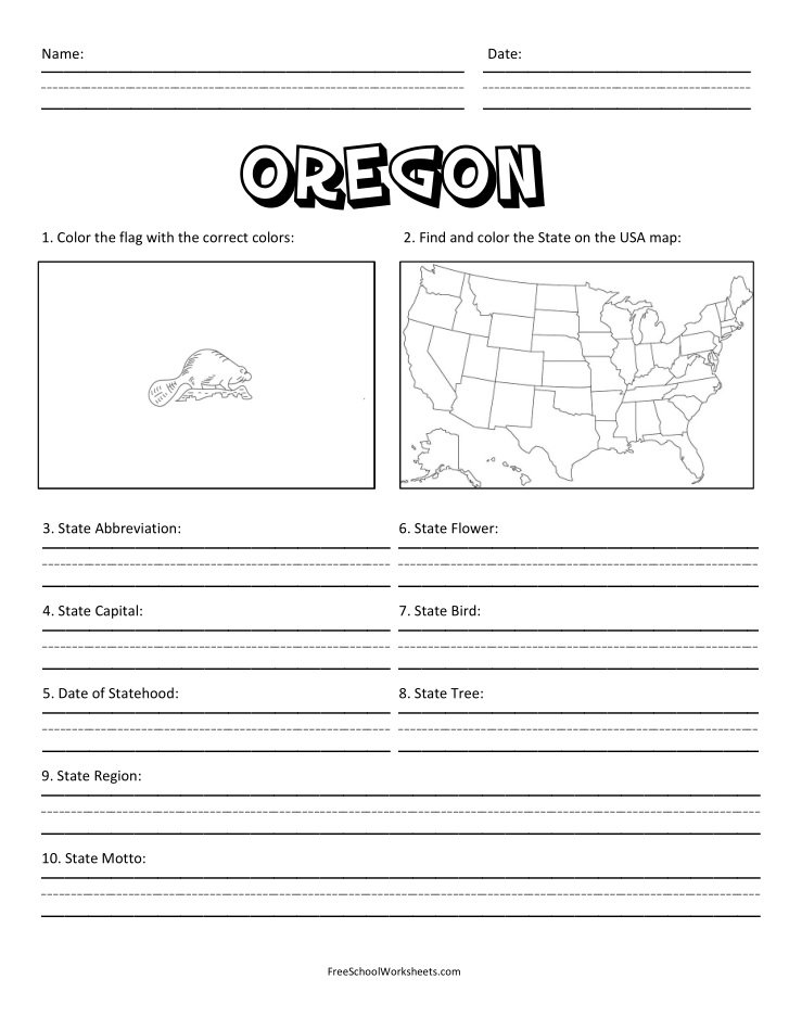 Free Printable State of Oregon Worksheet