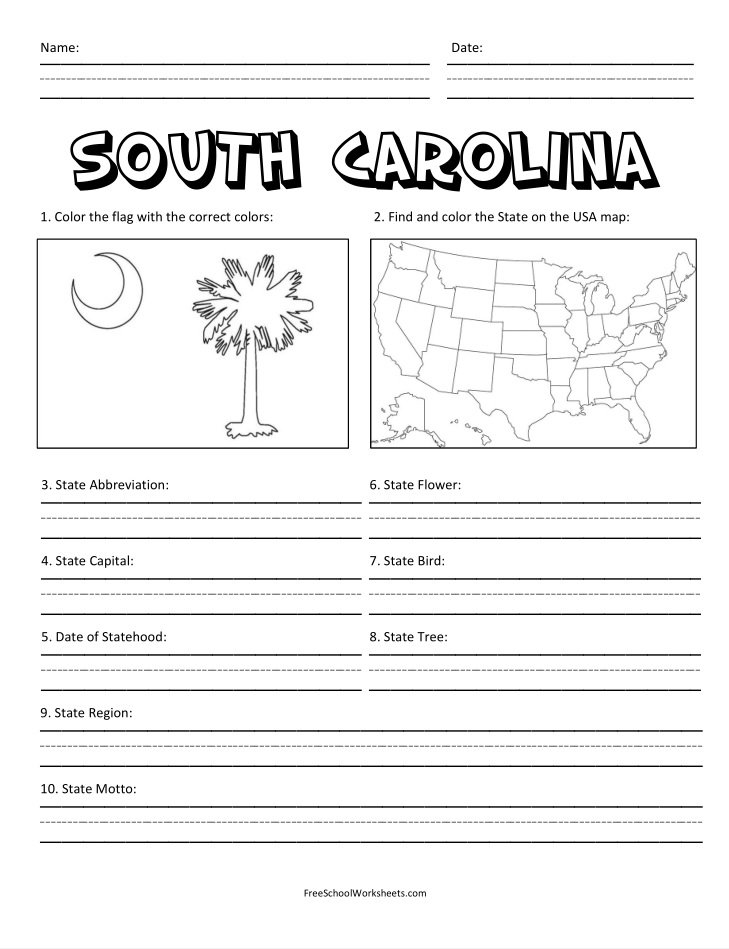 Free Printable State of South Carolina Worksheet