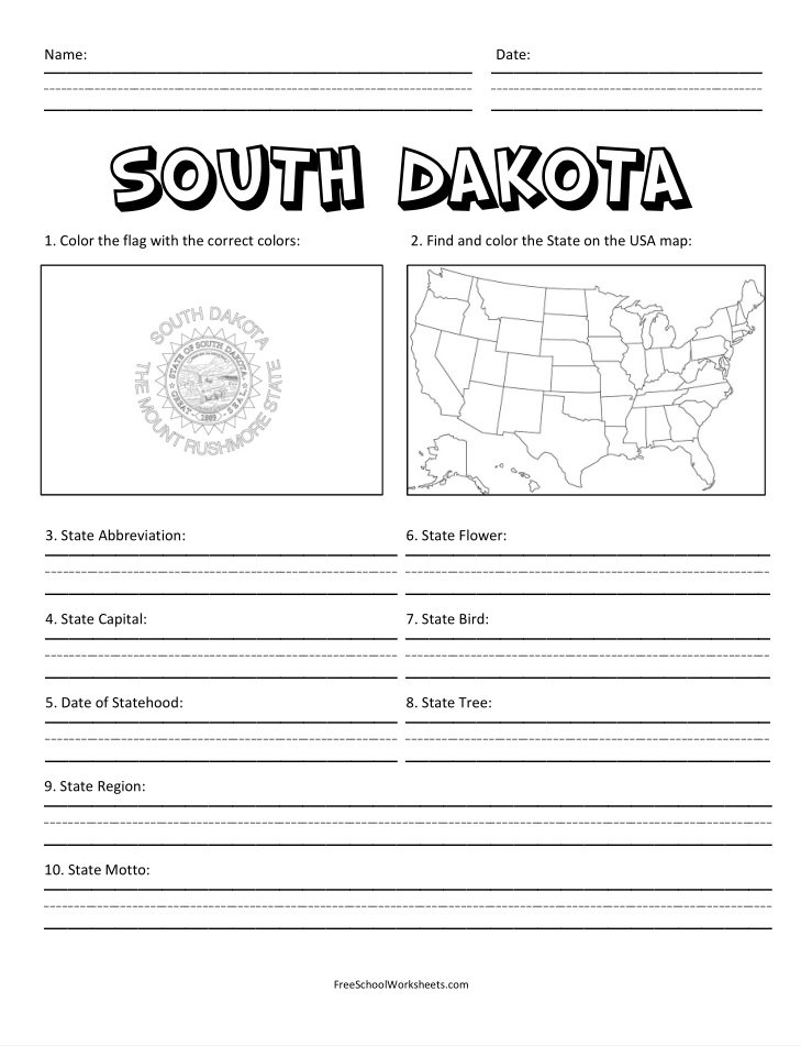 Free Printable State of South Dakota Worksheet