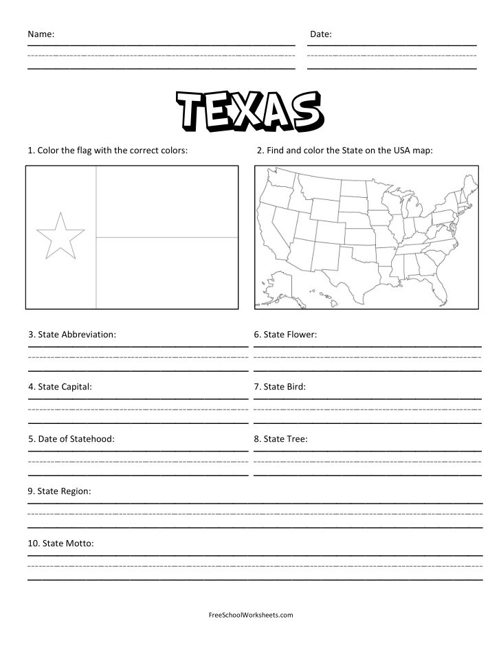 Free Printable State of Texas Worksheet