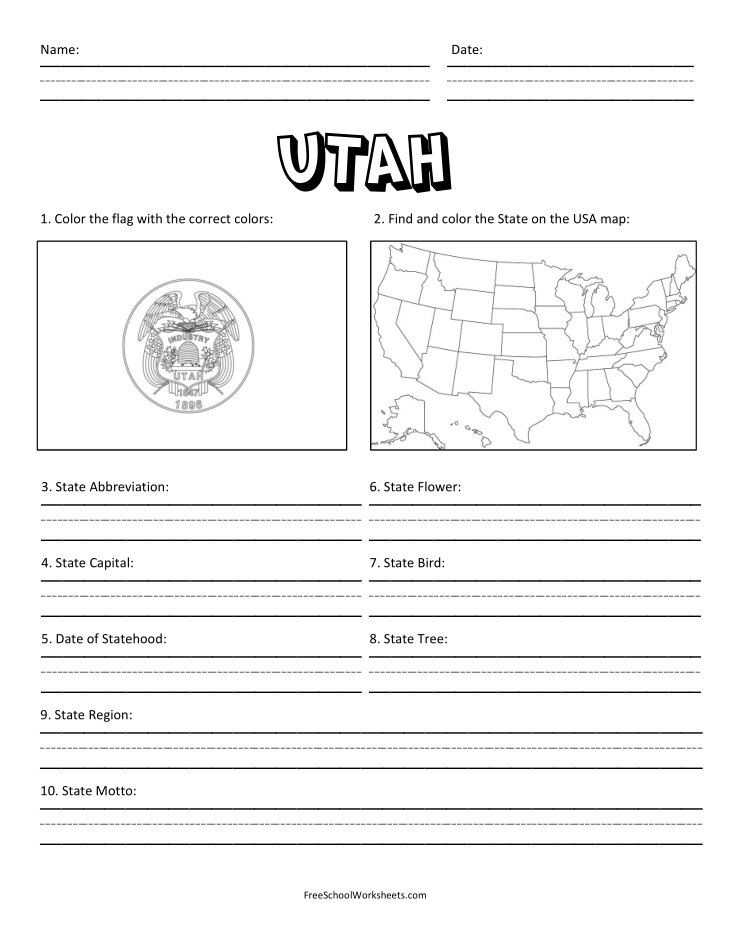 Free Printable State of Utah Worksheet