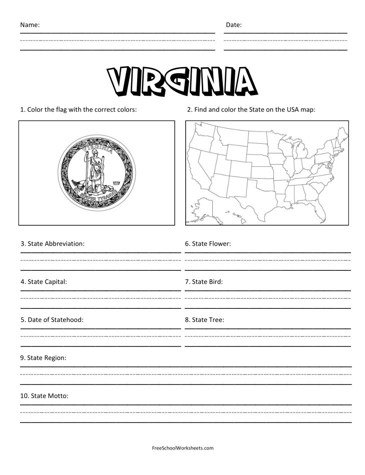 Free Printable State of Virginia Worksheet