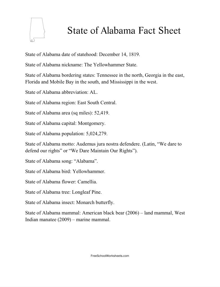 Free Printable State of Alabama Fact Sheet