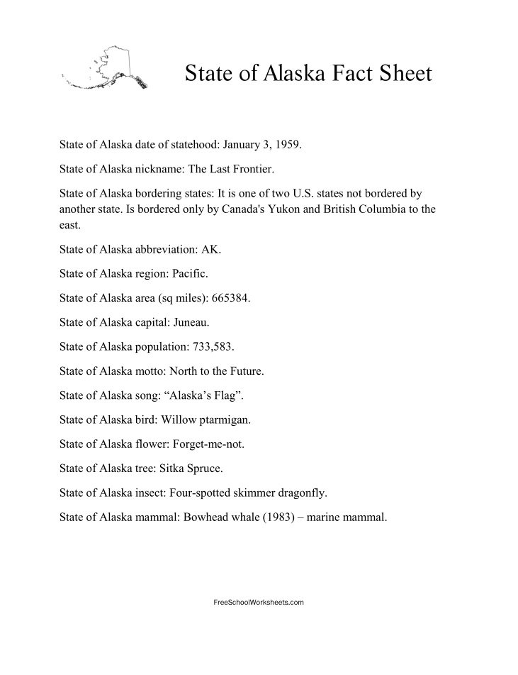 Free Printable State of Alaska Fact Sheet