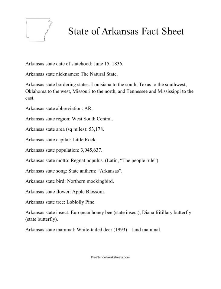 Free Printable State of Arkansas Fact Sheet Free Printable State of Arkansas Fact Sheet