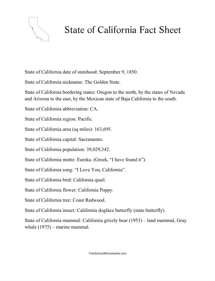 Free Printable State of California Fact Sheet