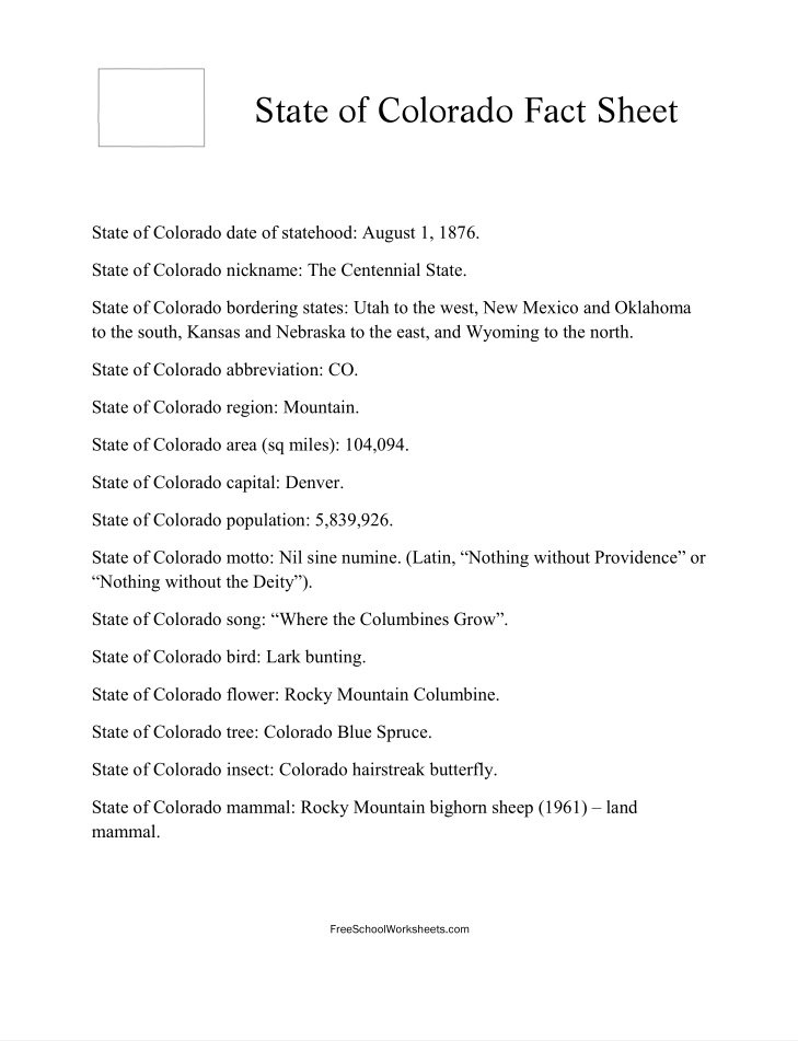 Free Printable State of Colorado Fact Sheet