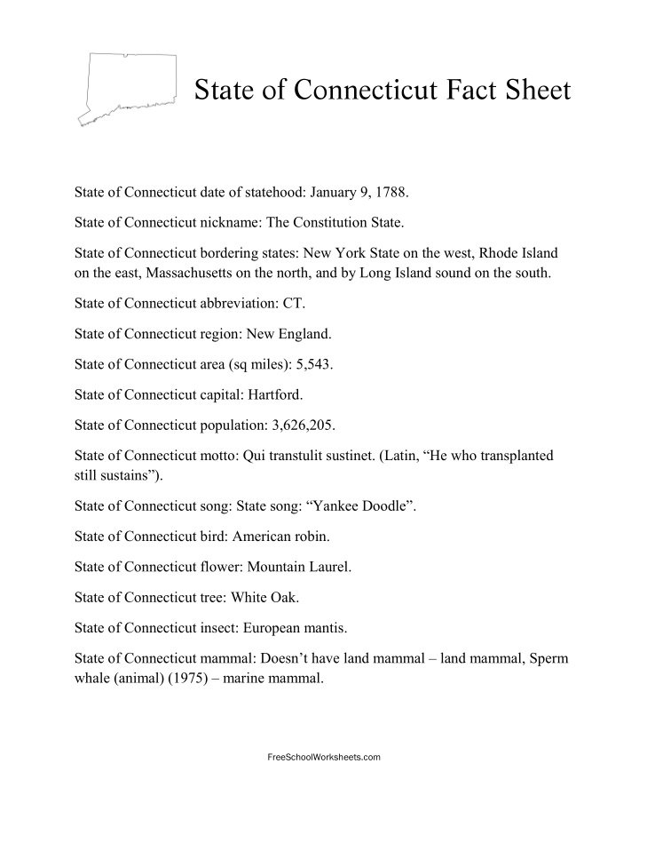 Free Printable State of Connecticut Fact Sheet