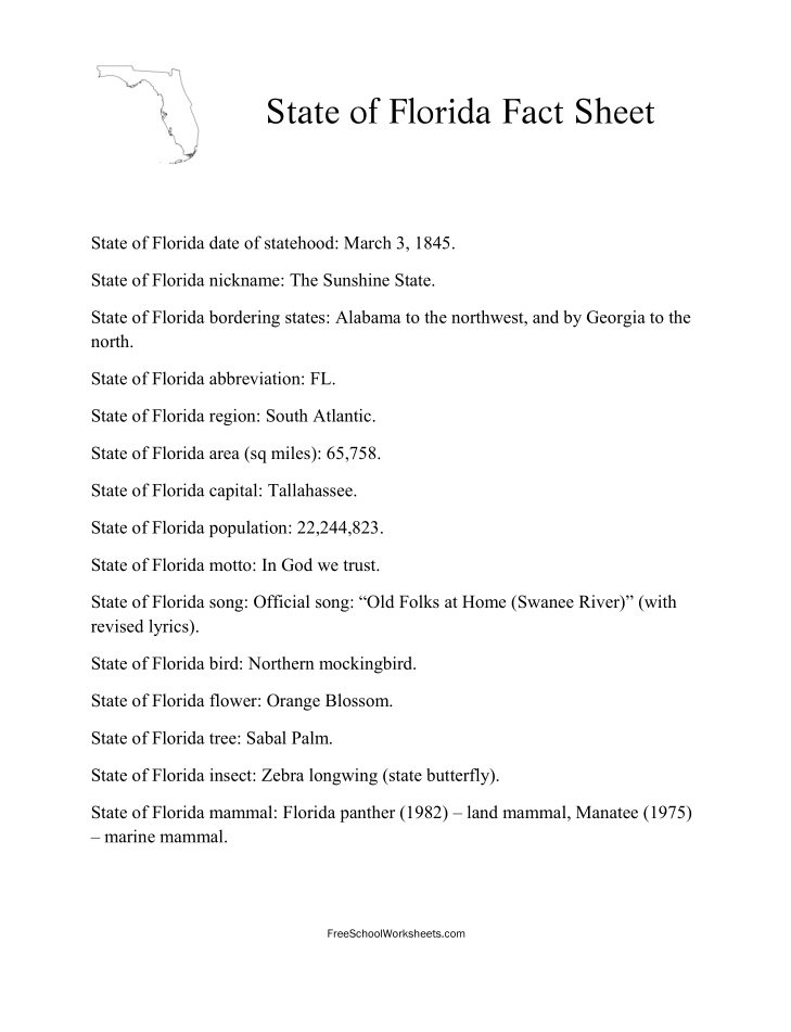 Free Printable State of Florida Fact Sheet