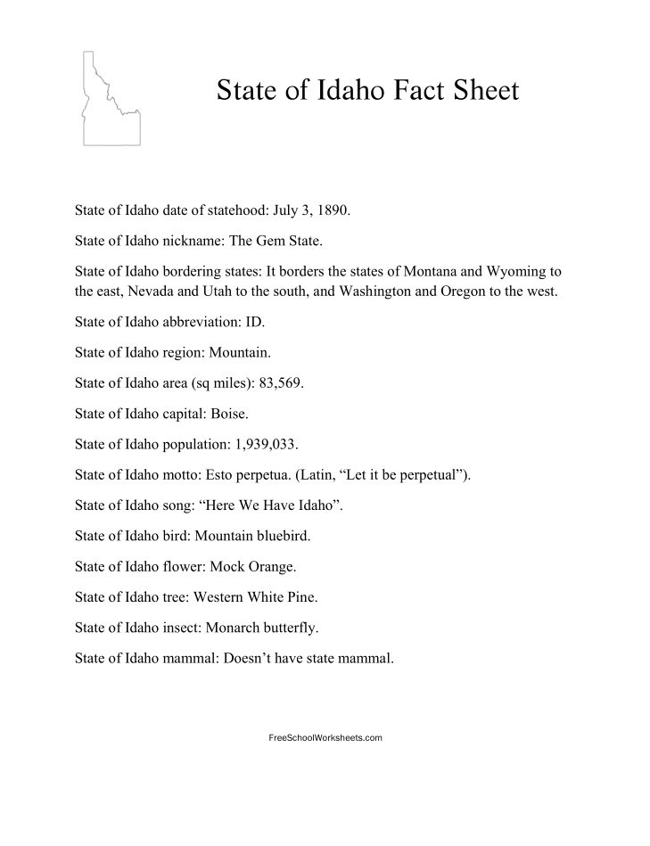 Free Printable State of Idaho Fact Sheet