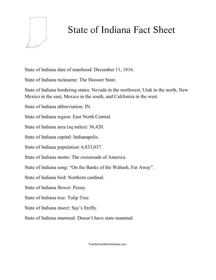 Free Printable State of Indiana Fact Sheet