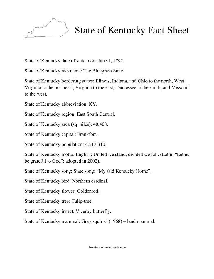 Free Printable State of Kentucky Fact Sheet