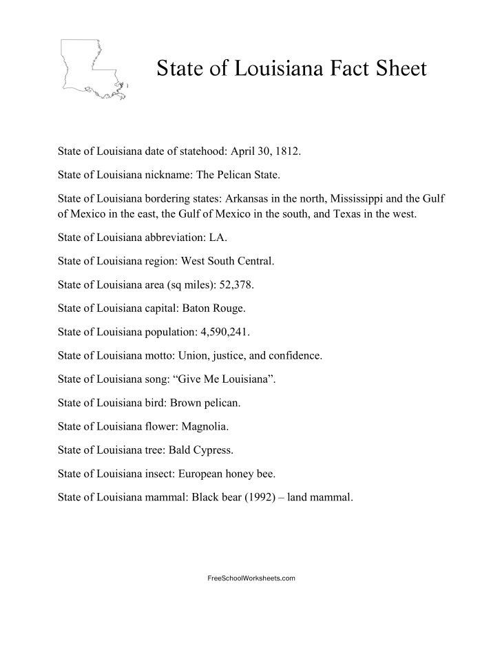 Free Printable State of Louisiana Fact Sheet