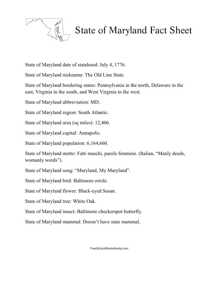 Free Printable State of Maryland Fact Sheet