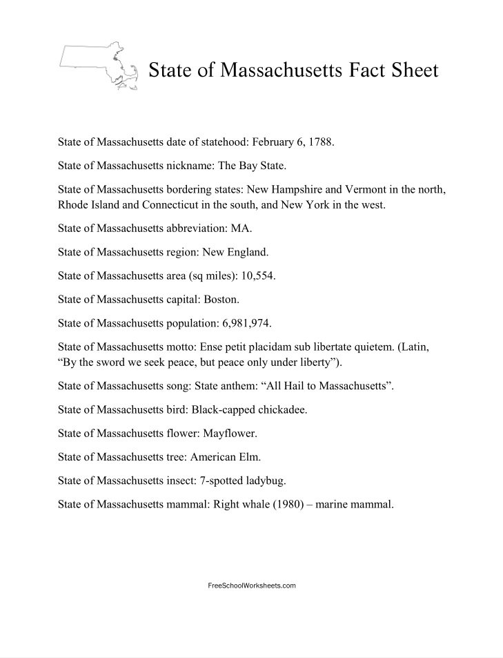 Free Printable State of Massachusetts Fact Sheet