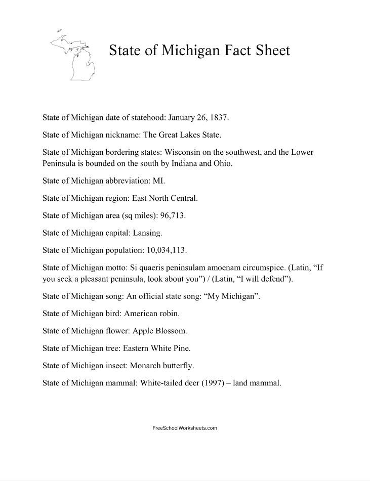 Free Printable State of Michigan Fact Sheet