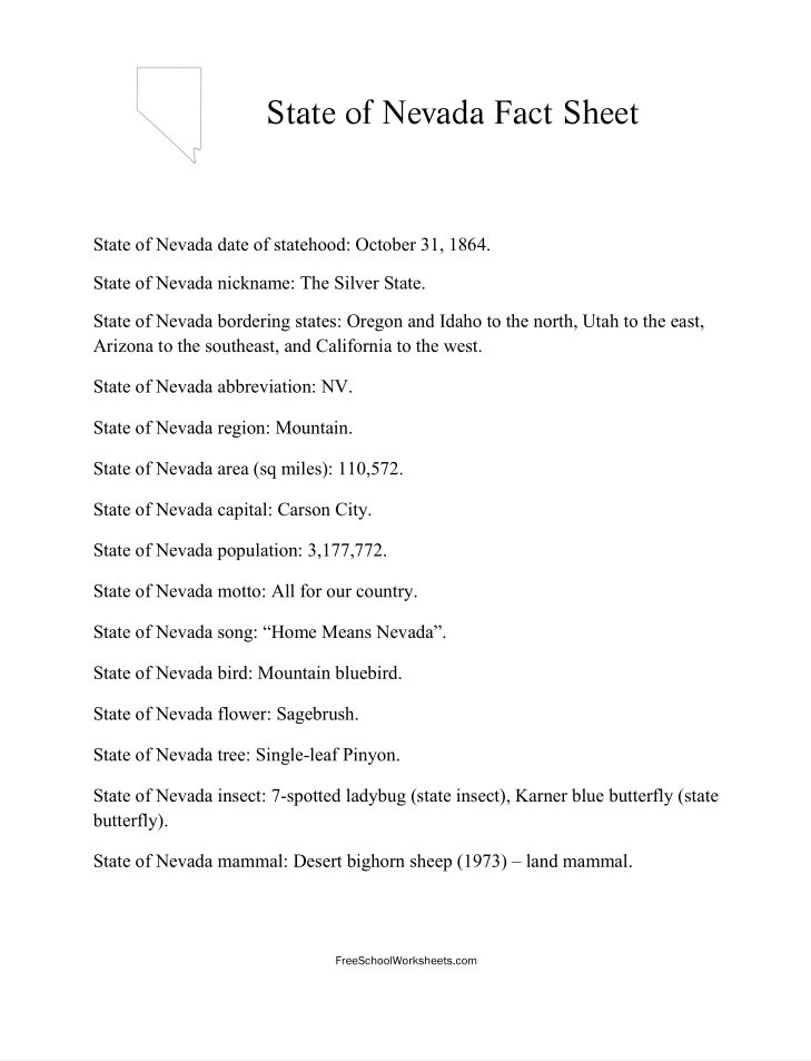 Free Printable State of Nevada Fact Sheet