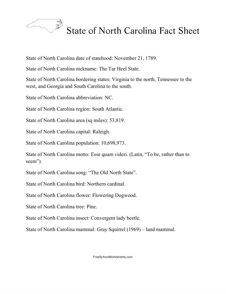 Free Printable State of North Carolina Fact Sheet