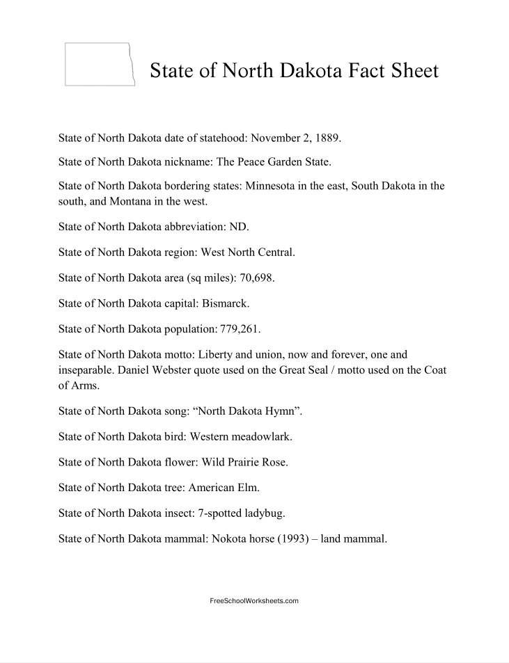 Free Printable State of North Dakota Fact Sheet