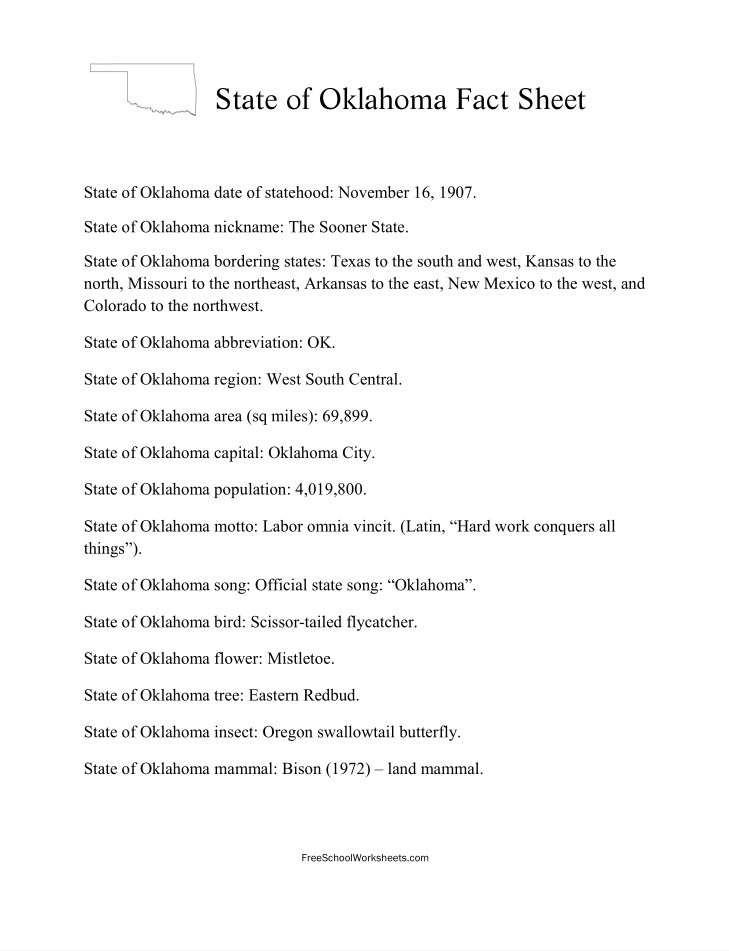 Free Printable State of Oklahoma Fact Sheet