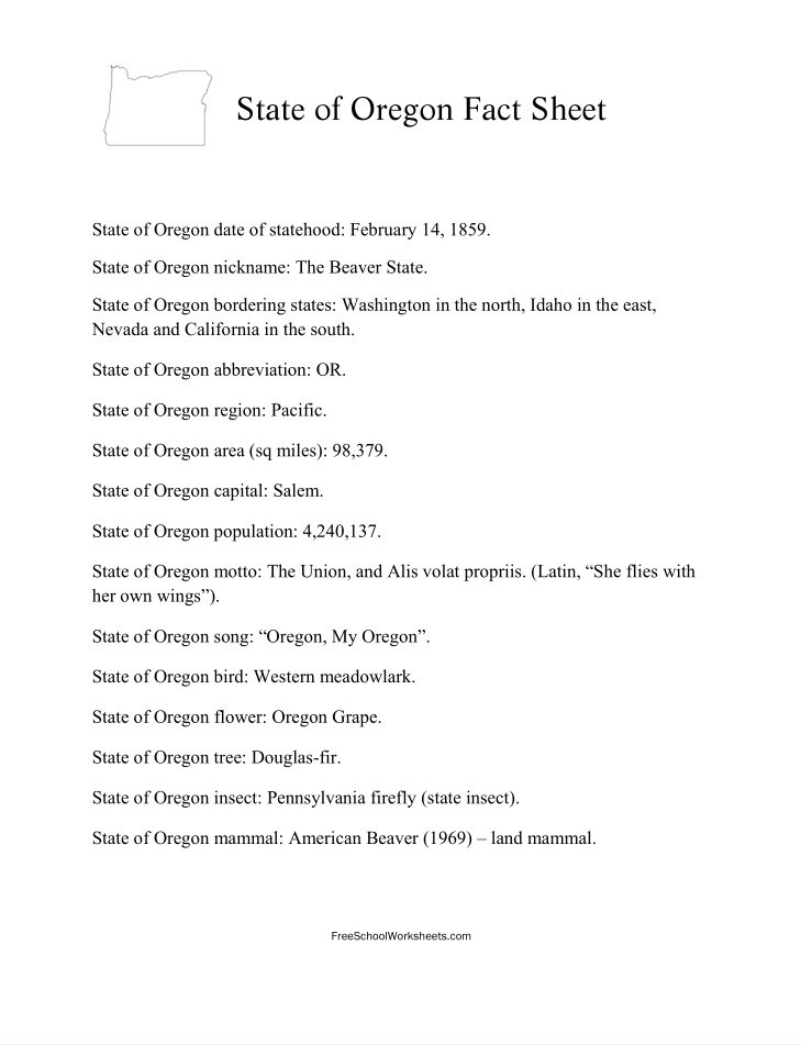 Free Printable State of Oregon Fact Sheet