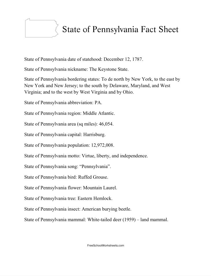 Free Printable State of Pennsylvania Fact Sheet