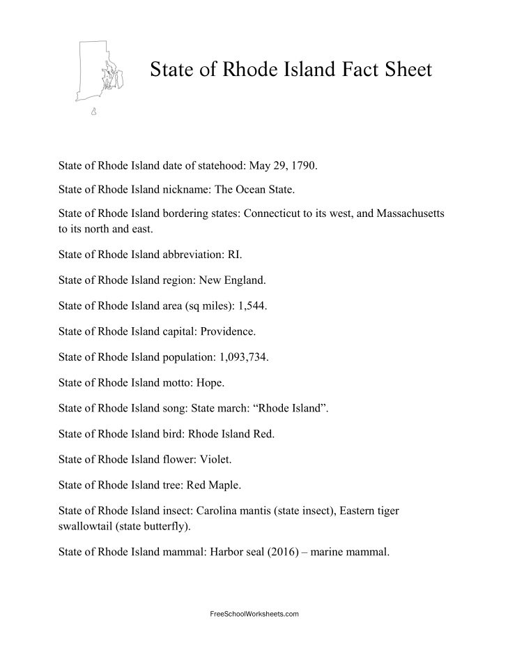 Free Printable State of Rhode Island Fact Sheet