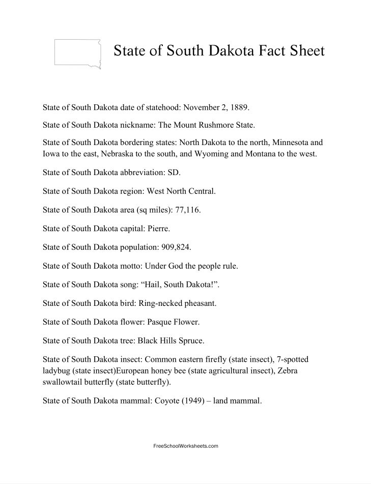 Free Printable State of South Dakota Fact Sheet