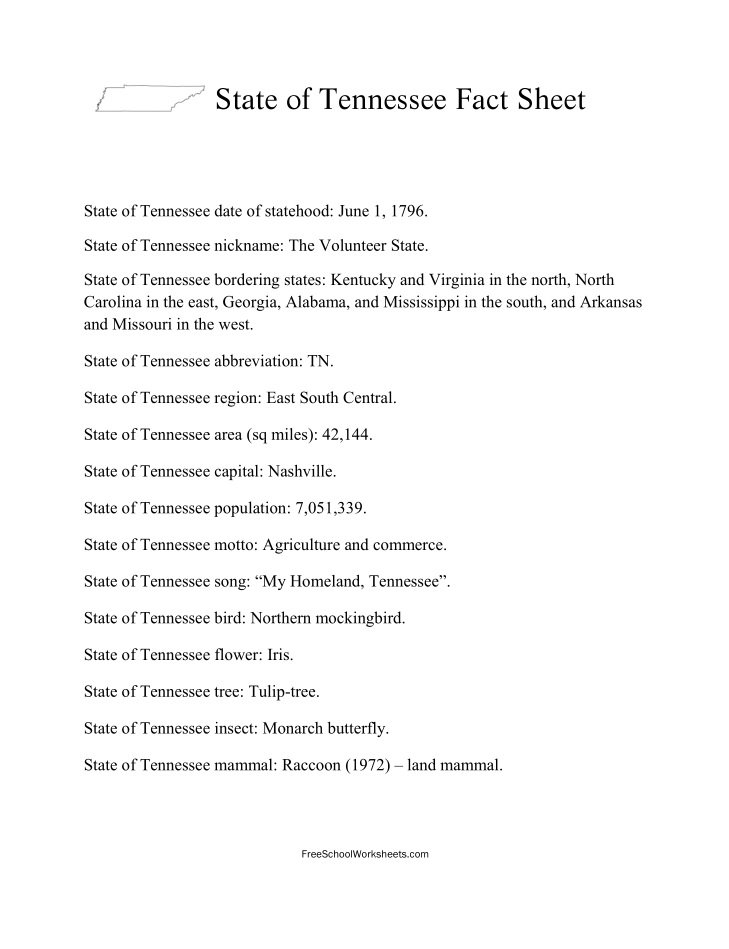 Free Printable State of Tennessee Fact Sheet