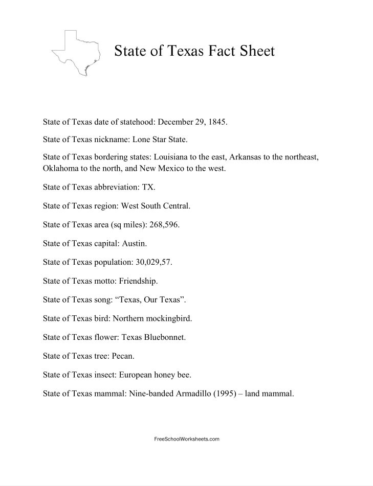 Free Printable State of Texas Fact Sheet