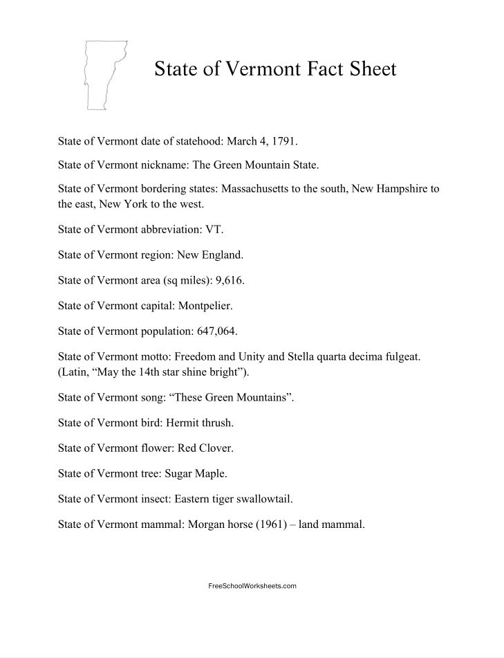 Free Printable State of Vermont Fact Sheet