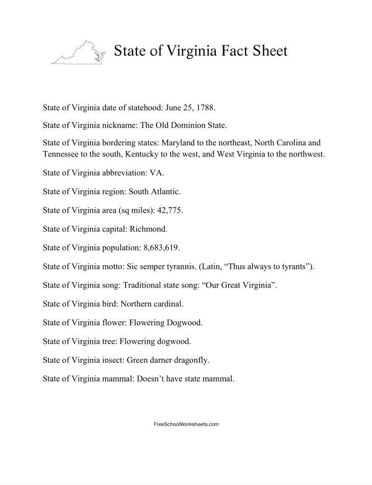 Free Printable State of Virginia Fact Sheet