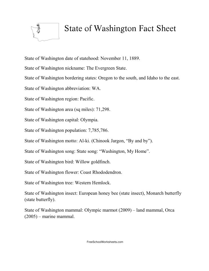 Free Printable State of Washington Fact Sheet