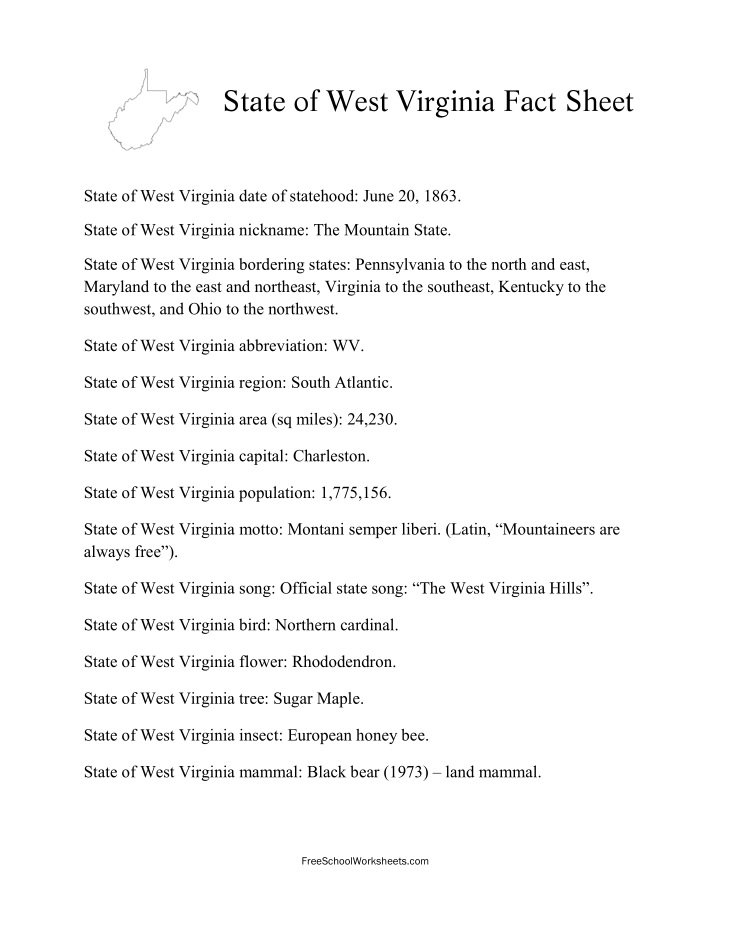 Free Printable State of West Virginia Fact Sheet