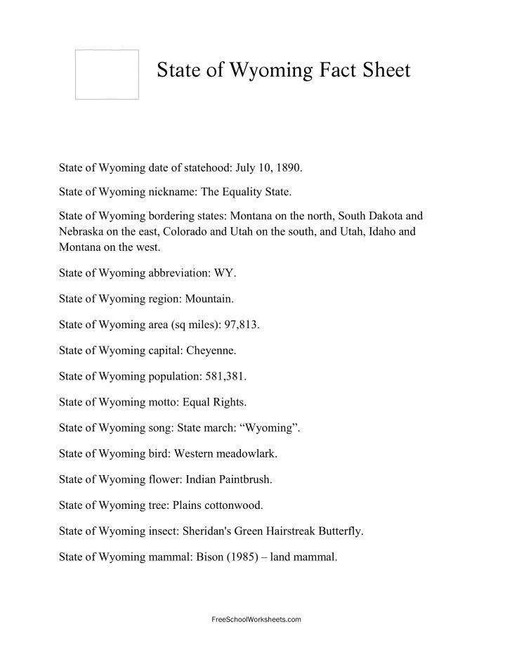 Free Printable State of Wyoming Fact Sheet