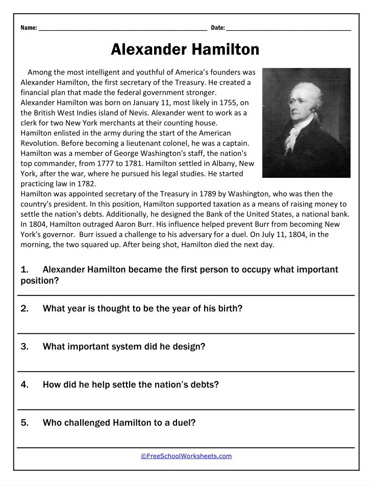 Free Printable Alexander Hamilton Worksheet