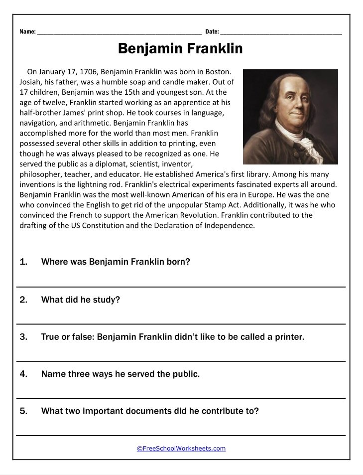 Free Printable Benjamin Franklin Worksheet