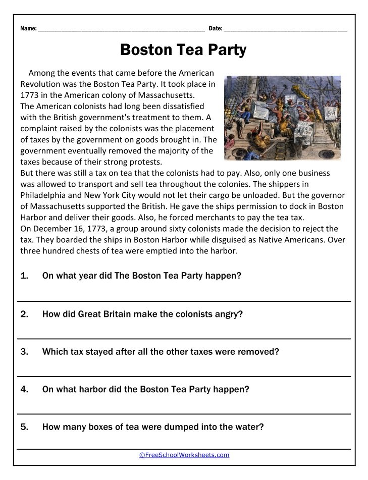 Free Printable Boston Tea Party Worksheet